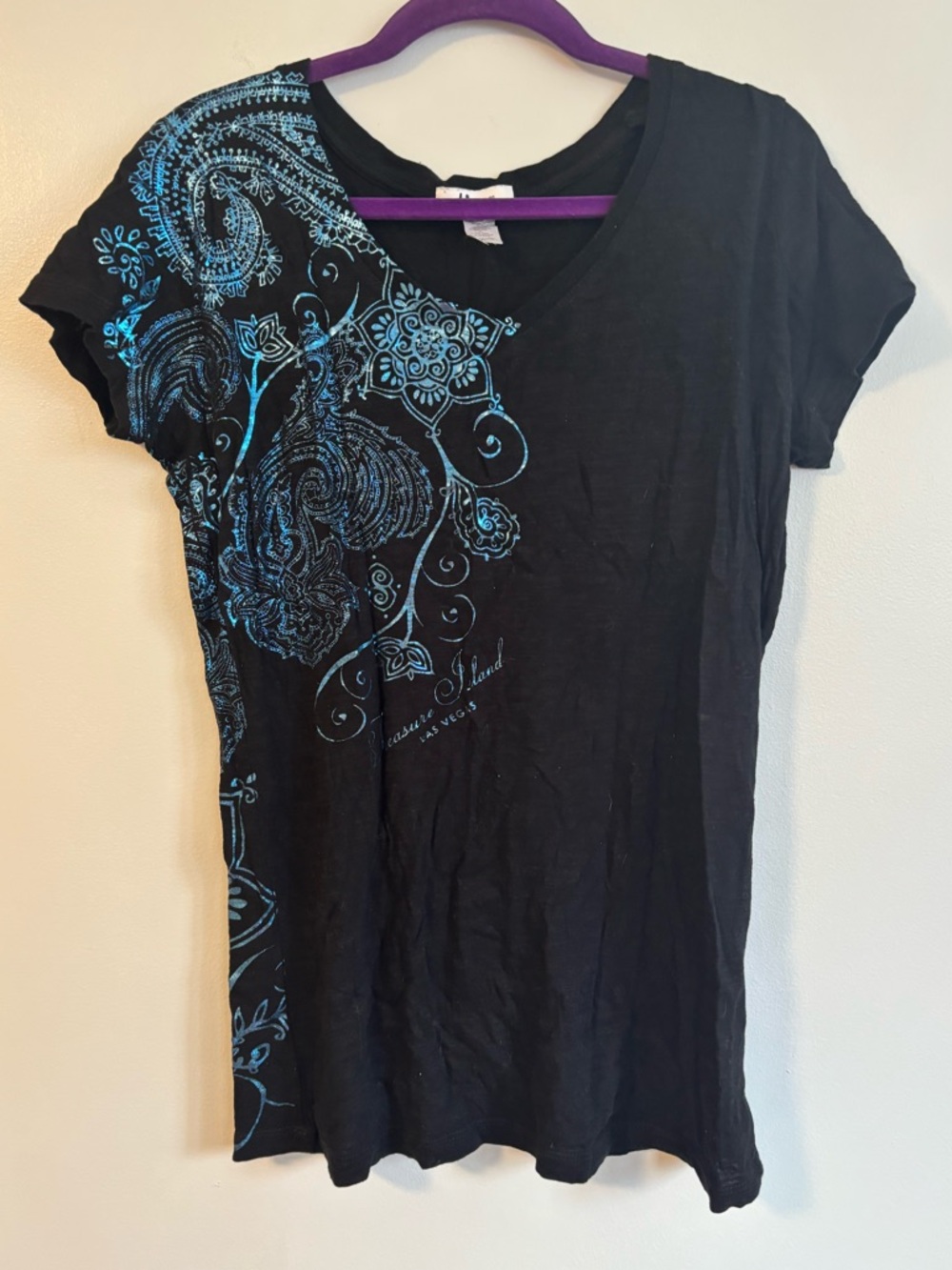 Ti Treasure Island Paisley Metallic Blue Floral Black Cotton Y2K T-shirt Size XL